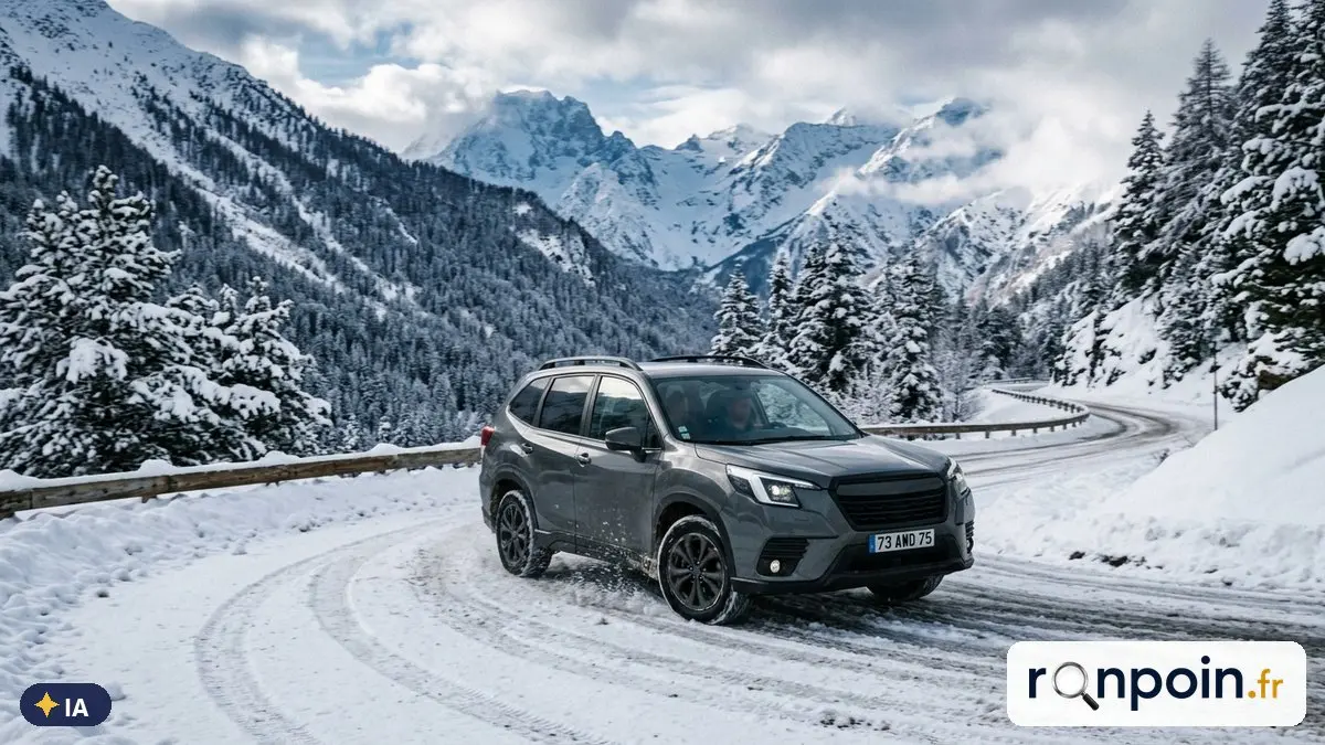 SUV familial gris roulant sur une route de montagne enneigée dans les Alpes — illustration générée par IA